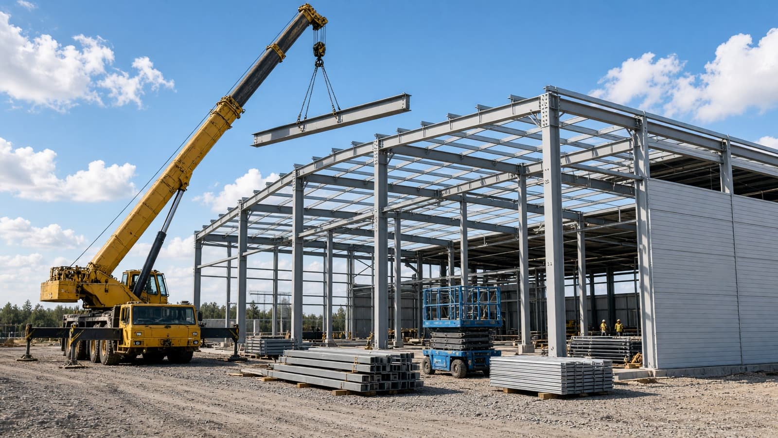 Stahlbau einer neuen Halle, ein Kran hebt den nächsten Träger ein